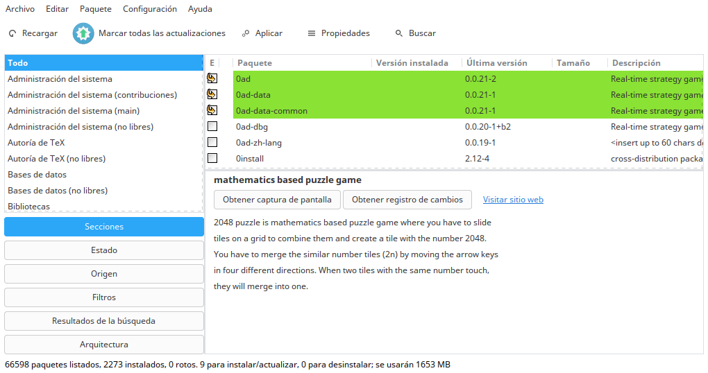 Interfaz de Synaptic para los usuarios en la post-instalación.