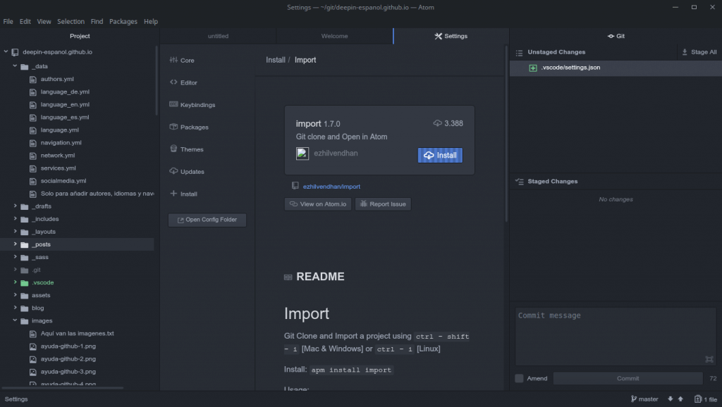 Interfaz visual de Atom