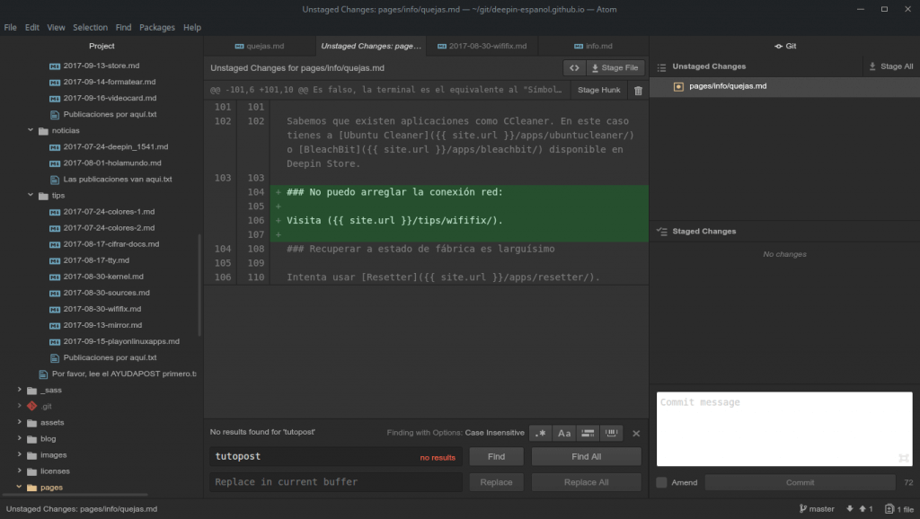 Diferencias entre cambios en Atom