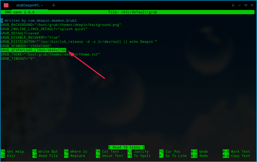 Grub en el editor Nano