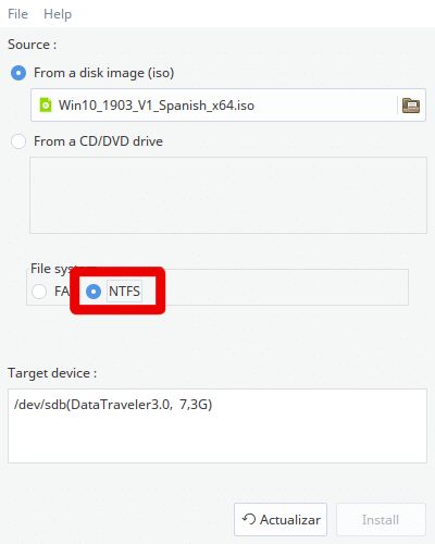Establezca File system en NTFS