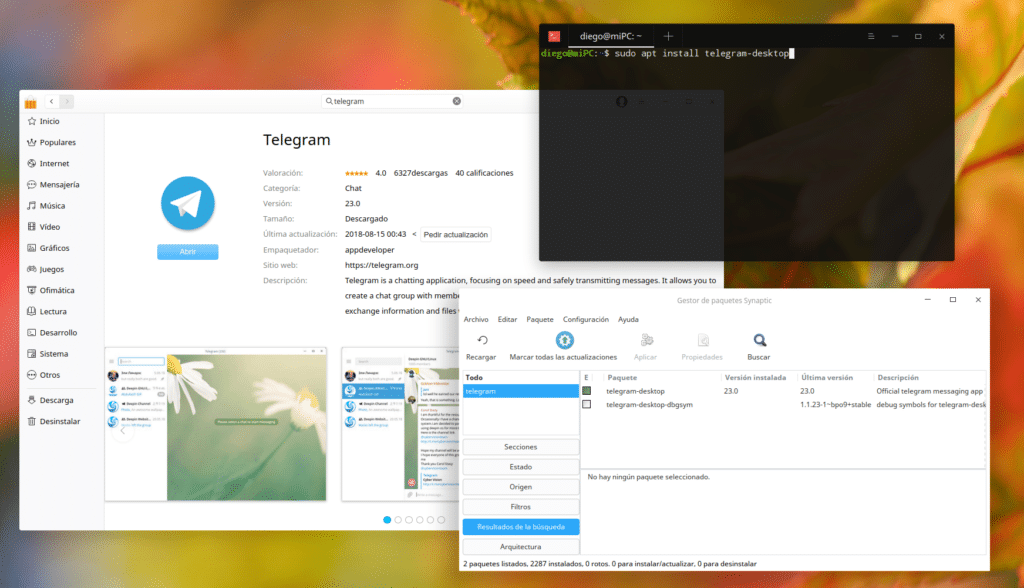Instalar Telegram en Synaptic, APT y Store.