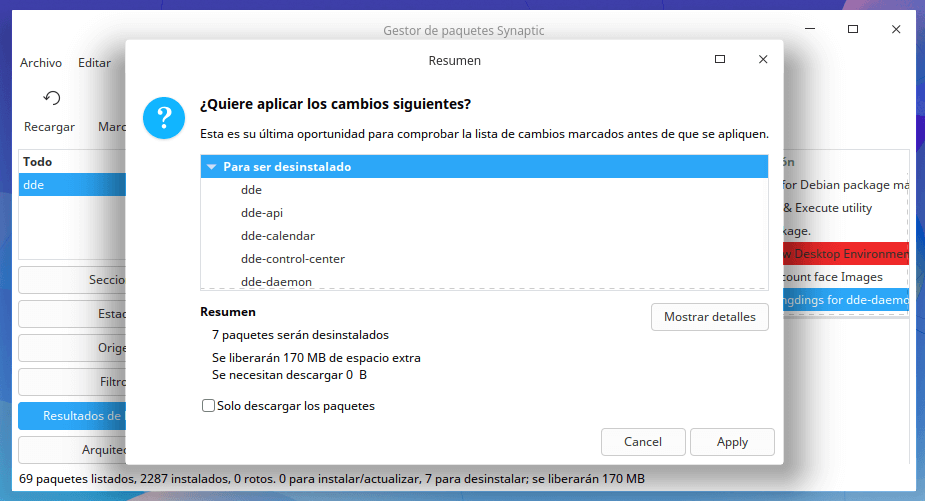 Desinstalar "dde" en Synaptic